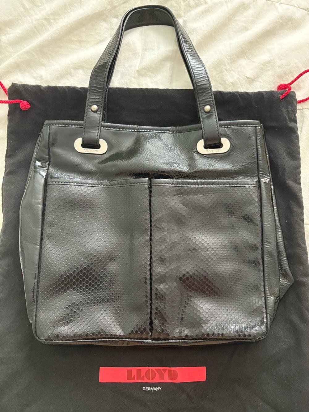 Vintage Y2K LLOYD black snake embossed leather tote bag with dust bag
